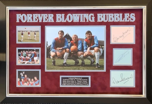 Bobby Moore, Geoff Hurst & Martin Peters West Ham United 'Forever Blowing Bubbles' Signed Montage