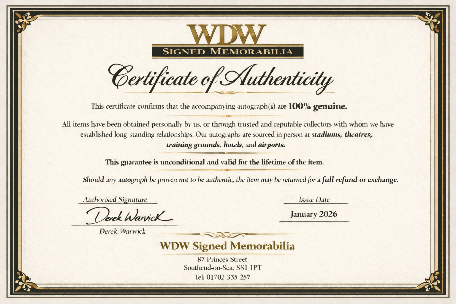 WDW Certificate of Authenticity - Guarantee of genuine signature